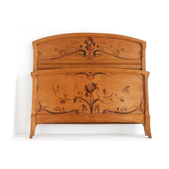 Antique Art Nouveau Bed with Inlaid Marquetry Decorative Floral Design, 1890s For Sale - Image 16 of 16