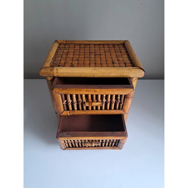 1990s Vintage Bamboo Wicker Rattan 2 Drawer Accent Table For Sale - Image 4 of 6