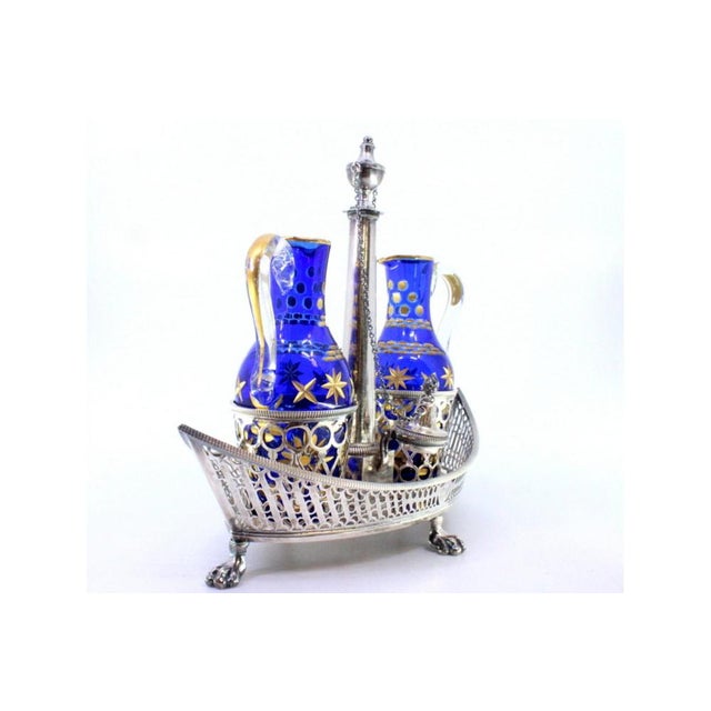Silver and Blue Glass Cruet Set with Gold Details, Set of 3 For Sale - Image 3 of 9