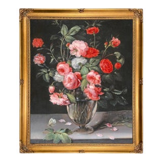 “Still Life with Flowers in a Glass Vase” Contemporary Reproduction Print on Canvas After Alexander Adriaenssen, Framed For Sale