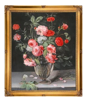 “Still Life with Flowers in a Glass Vase” Contemporary Reproduction Print on Canvas After Alexander Adriaenssen, Framed
