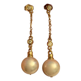 Diamond Akoya Pearl Earrings 14k Yellow Gold 0.12 TCW Women Certified For Sale