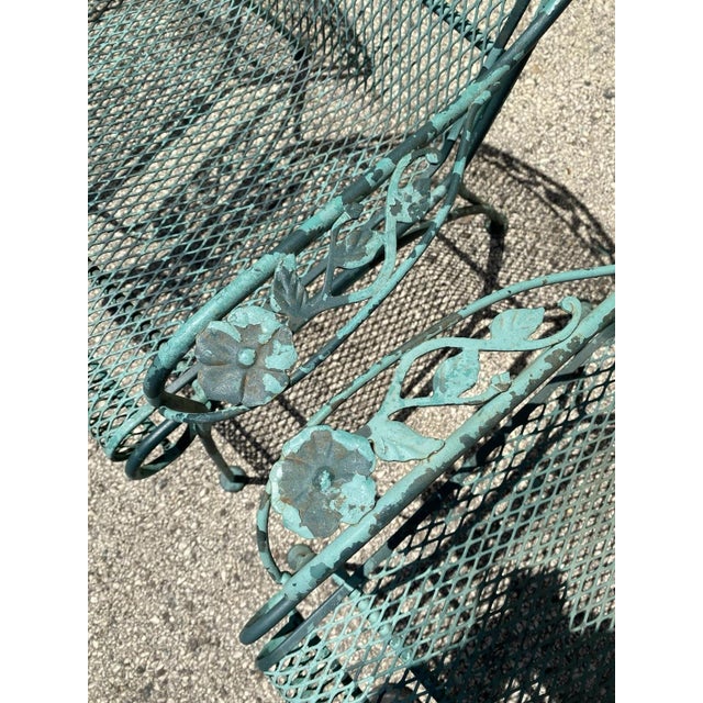 Vintage Woodard Style Wrought Iron Patio Dining Chairs & Round Pedestal Base Table, 5 Pieces For Sale - Image 10 of 12