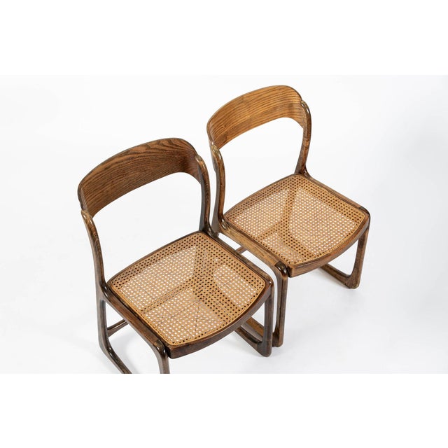 Wood Mid Century Modern French Wood & Cane Wicker Chairs by Baumann For Sale - Image 7 of 13