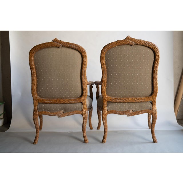 Early 20th Century Pair Walnut French Louis XV Style Faux Bois Chairs For Sale - Image 9 of 13