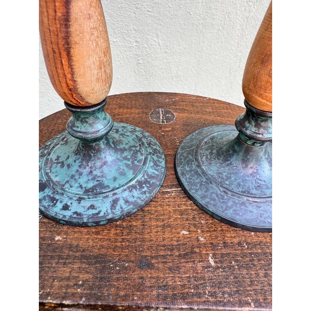 Wood Vintage Scandinavian Wood & Verdigris Patina Candlesticks, a Pair — Rustic Modern For Sale - Image 7 of 9
