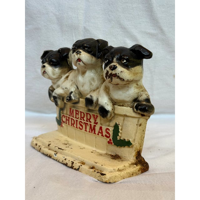 Cast Iron Vintage Merry Christmas Three Dog Bullies Door Stop For Sale In Los Angeles - Image 6 of 12
