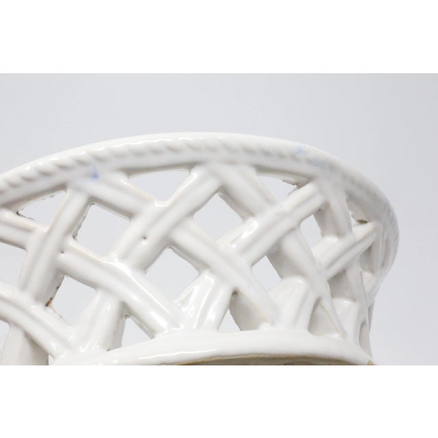 Vintage Ceramic Basket-Weave Bowl With Blue Flower For Sale - Image 4 of 11