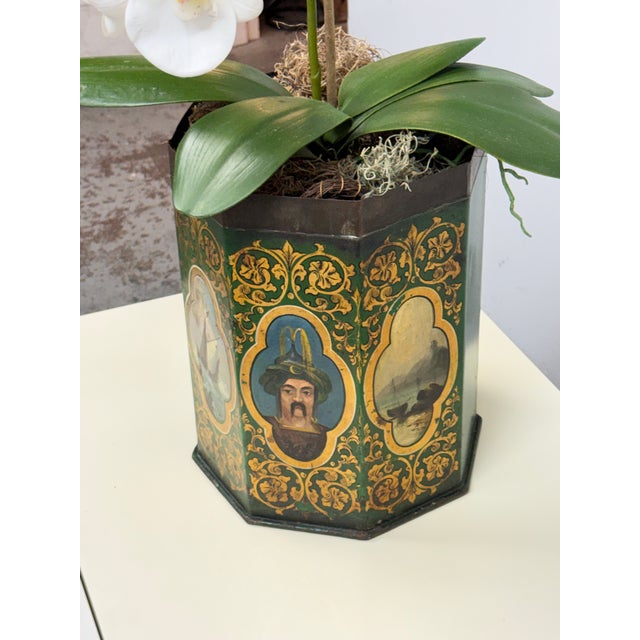 Savage London Painted Tole Canister + Faux Orchid Arrangement, 19th-Century For Sale In San Francisco - Image 6 of 12