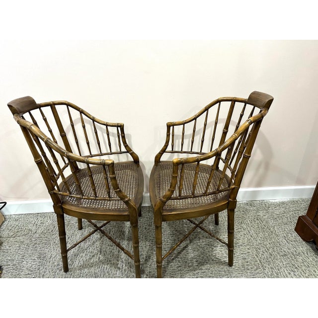 Ornamental & Decorative Materials 1970’s Baker Furniture Regency Faux Bamboo Wood Chairs Pair For Sale - Image 7 of 8