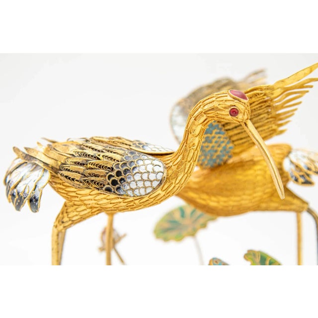 Vintage Chinese Metal Gilt Filigree and Enamel Cranes Figures on Wooden Stand For Sale - Image 11 of 12