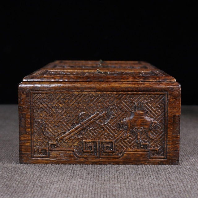 Brown Vintage Chinese Huali Rosewood Carved "Antiques" Triple-Lidded Box Set For Sale - Image 8 of 10