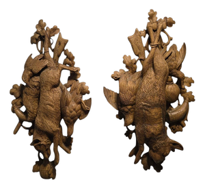 Antique Black Forest Carved Hunting Trophies, 1880s, Set of 2