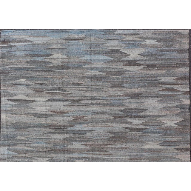 Textile Modern Blue and Grey Kilim Rug by Keivan Woven Arts, Hand-Woven Wool, 9' X 11'7" For Sale - Image 7 of 12