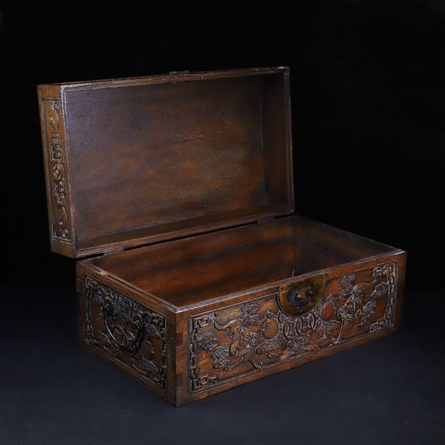 Chinese Pair of Huali Rosewood Nesting Boxes Carved With Bat & Peach Motif For Sale - Image 3 of 10