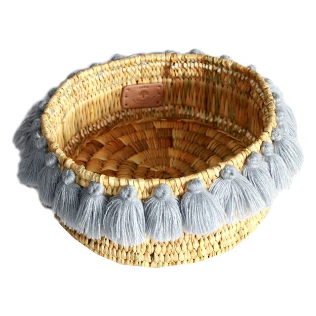 Moroccan Grey Tassel Small Basket For Sale - Image 4 of 4