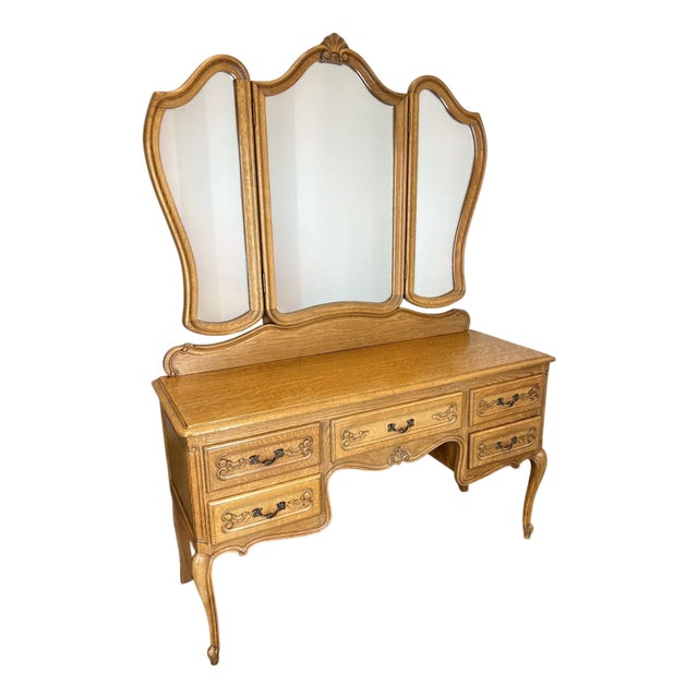 Vintage French Louis Style Oak Dressing Table with Mirror For Sale