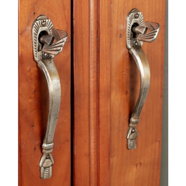 Wood 1920s Art Deco Carved Floral Armoire French Cherrywood With Mirror & Matching Marble-Topped Nightstand - Set of 2 For Sale - Image 7 of 9