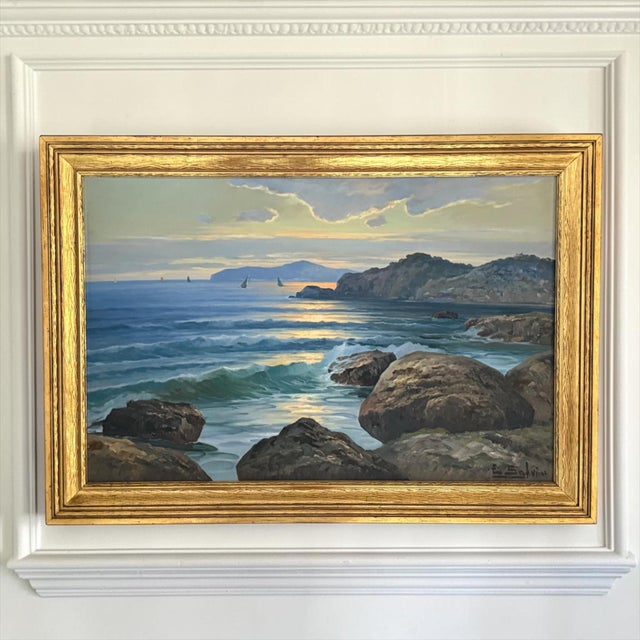 Mid-Century Modern Emilio Salvi Signed Oil on Board “Capri” Seascape Painting in Gilt Frame For Sale - Image 3 of 13