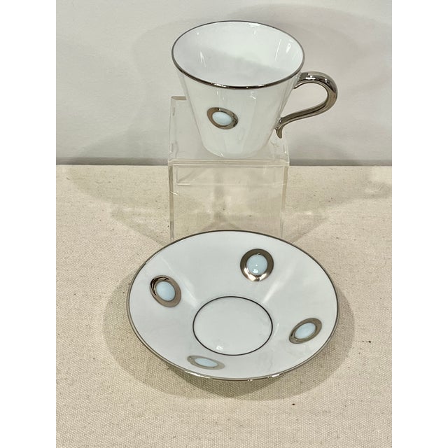 White Bernardaud Ithaque Platinum Cup & Saucer Sets Limoges Porcelain O. Gagnere - 4 Sets For Sale - Image 8 of 14