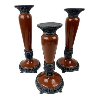 2000s Fitz & Floyd Retired Classics Sang De Boeuf Collection 3 Piece Tiered Ceramic Candlestick Holder Set For Sale