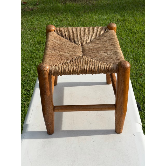 Mid-Century Modern Vintage Woven Rush Seat Wooden Footstool For Sale - Image 3 of 10