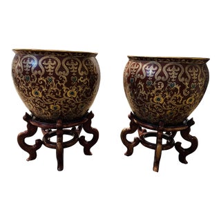 20th Century Large Chinese Famille Burgandy Gold Fish Bowl Vases Qianlong Marked Enameled Porcelain Pots With Wooden Stands - a Pair For Sale