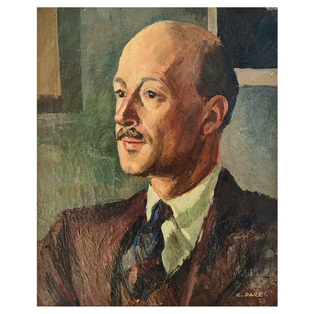 Georges Darel, Portrait of a Mustache Man, 1929, Oil on Canvas, Framed For Sale