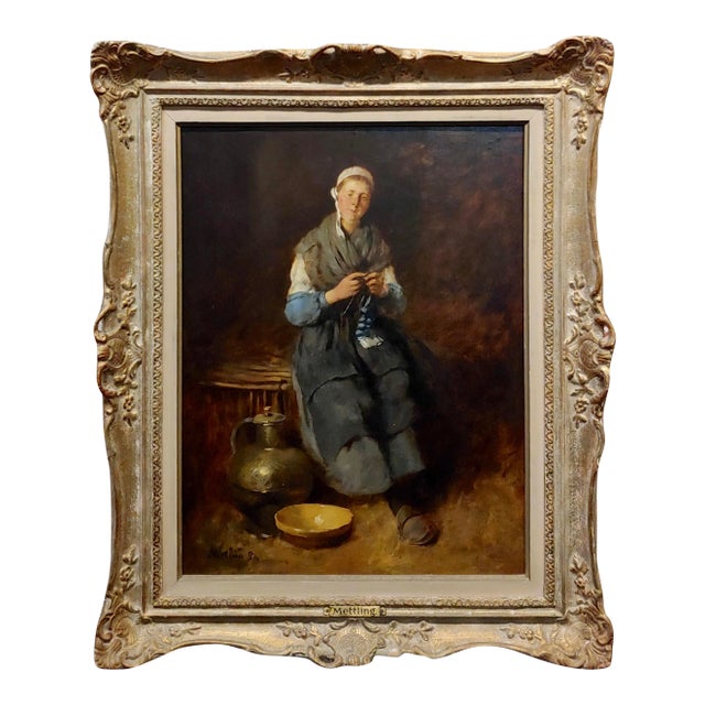 Louis Mettling - Young Woman Knitting -19th Century Genre Oil Painting For Sale