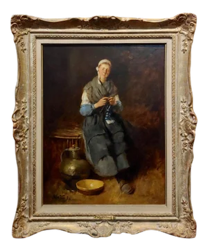 Louis Mettling - Young Woman Knitting -19th Century Genre Oil Painting