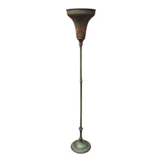 1930s Monolite "The Better Light" Hand-Painted Toleware & Spun Copper Torchiere Floor Lamp For Sale