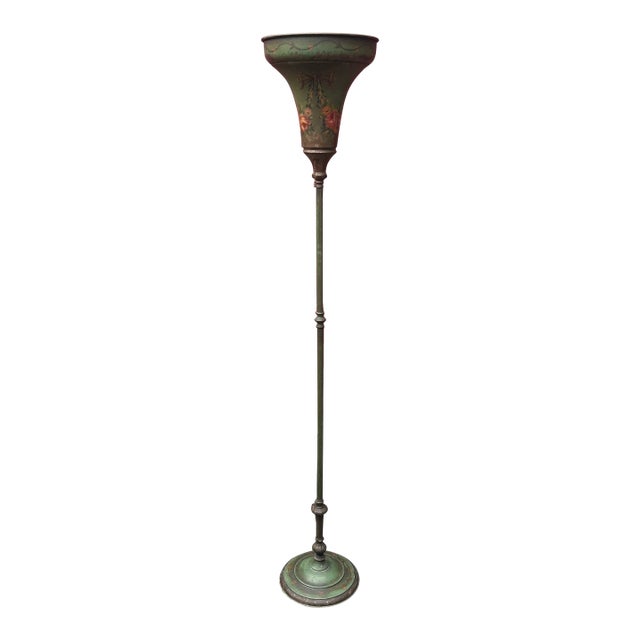 1930s Monolite "The Better Light" Hand-Painted Toleware & Spun Copper Torchiere Floor Lamp For Sale