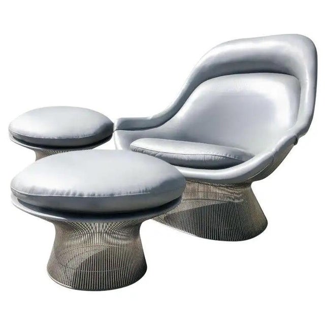 Knoll 1966 Warren Platner for Knoll Gray Leather 1705 Easy Chair and Ottoman For Sale - Image 4 of 6