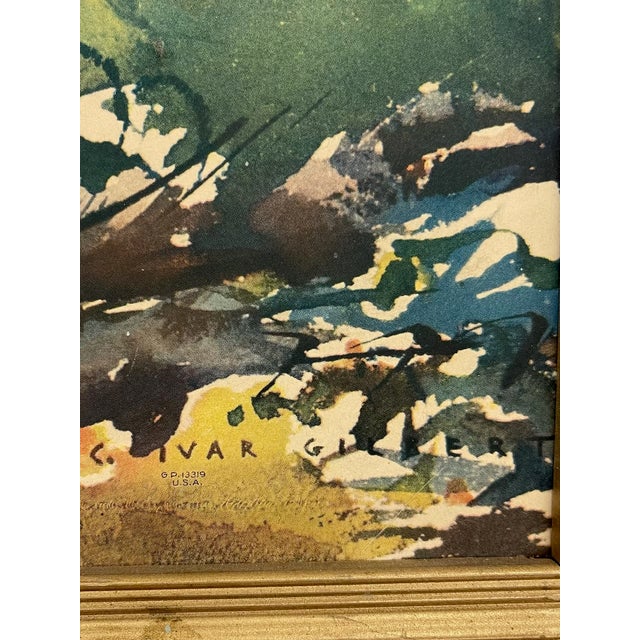 Vintage Framed Harbor Landscape Print by C. Ivar Gilbert - Coastal Sailboat & Village Scene, Gold-Tone Frame For Sale - Image 12 of 12