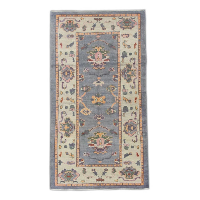 Textile Early 21st Century Turkish Blue & Pink Handwoven Oushak Rug For Sale - Image 7 of 7