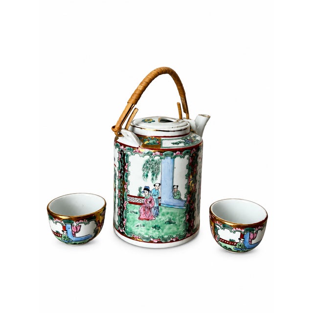 Chinoiserie Mid 20th Century Chinese Rose Medallion Porcelain Teapot With Wrapped Cane Handle & Two Cups — 3-Piece Set For Sale - Image 3 of 11