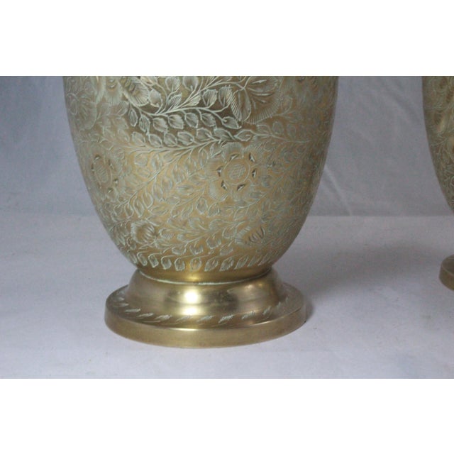 Pair of Antique Chinese Etched Solid Brass Vases For Sale In Washington DC - Image 6 of 7