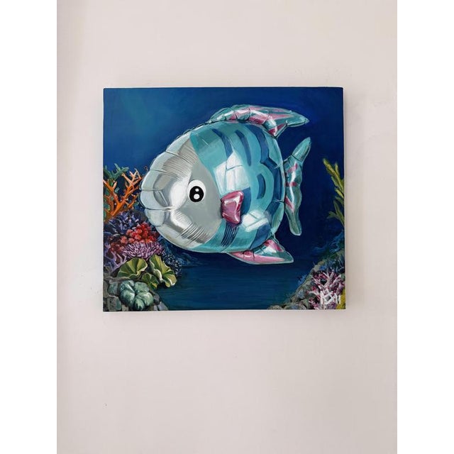 Contemporary acrylic painting depicting a tropical fish swimming through a coral reef environment, rendered in luminous...