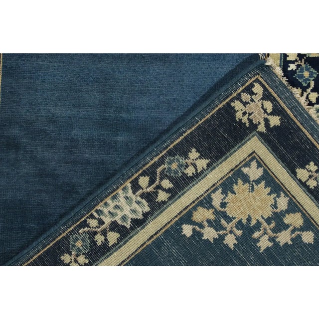 Rug & Kilim Vintage Chinese Deco Style Runner in Deep Blue, Off White, Gold Floral Border For Sale - Image 4 of 6