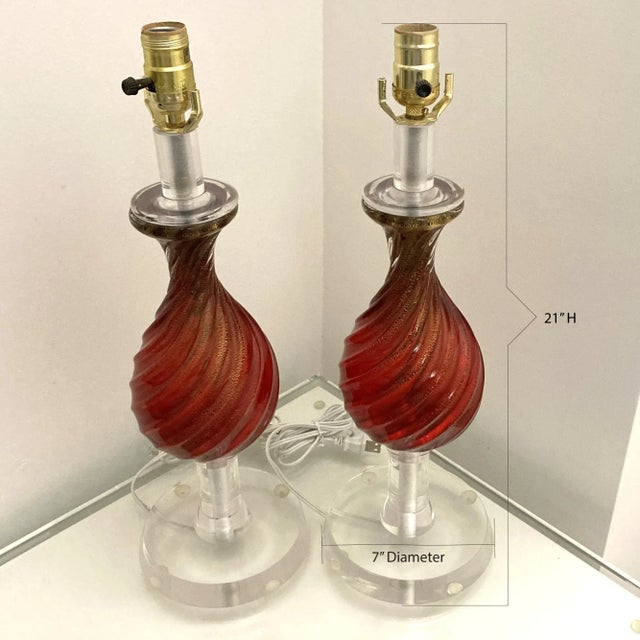 Mid-Century Modern Mid 20th Century Red Italian Murano Glass Table Lamps - Set of 2 For Sale - Image 3 of 11