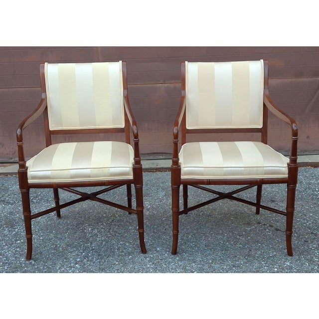 Wood Late 20th Century Pair of Hickory Chair Co Regency Style Mahogany and Upholstered Armchairs For Sale - Image 7 of 11