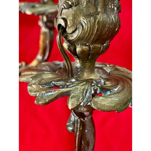 Brass Antique 19th Century Candelabra Lamps, Brass on Heavy Marble - a Pair For Sale - Image 8 of 12
