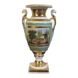 1820 French Empire Porcelain Vase Decorated with Landscape Scene and Trophies For Sale