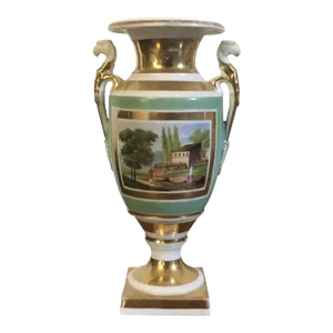 1820 French Empire Porcelain Vase Decorated with Landscape Scene and Trophies