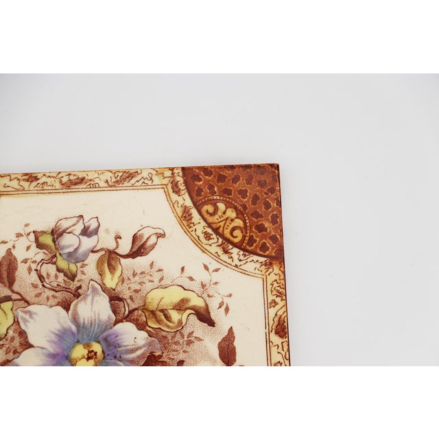 Brown Victorian Floral Tile, 1900s Earthenware For Sale - Image 8 of 9