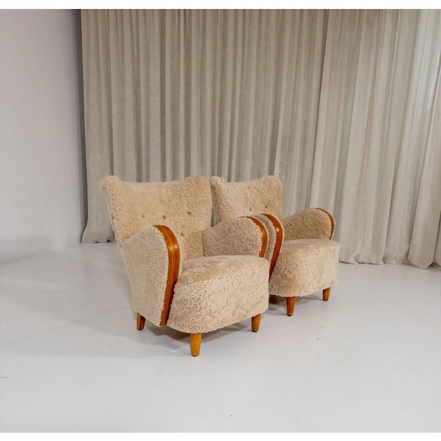 Swedish Modern Sheepskin Lounge Chairs, 1940s, Set of 2 For Sale - Image 10 of 12