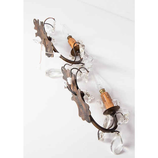 Gold Antique French Brass and Crystal Wall Sconces, 1930s, Set of 2 For Sale - Image 8 of 11
