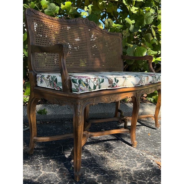 1940s Century Furniture French Provincial Cane-Back Bench With Carved Wood Frame and Floral Upholstered Seat For Sale - Image 9 of 10