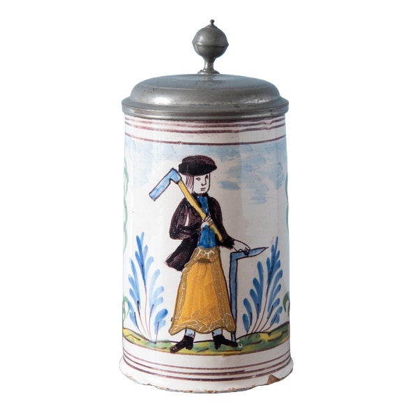 Pewter Mounted Carpenter Beer Stein from Bayreuth Faience, Early 19th Century For Sale