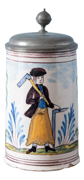Pewter Mounted Carpenter Beer Stein from Bayreuth Faience, Early 19th Century